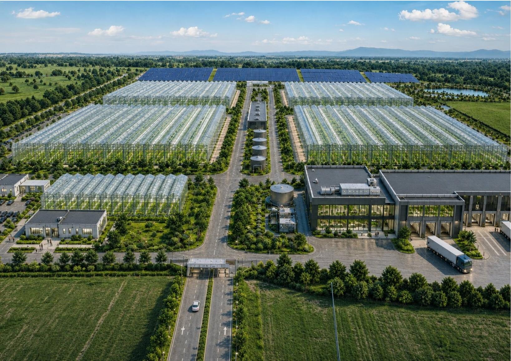 Aerial concept visualization of an integrated AgriTech Park